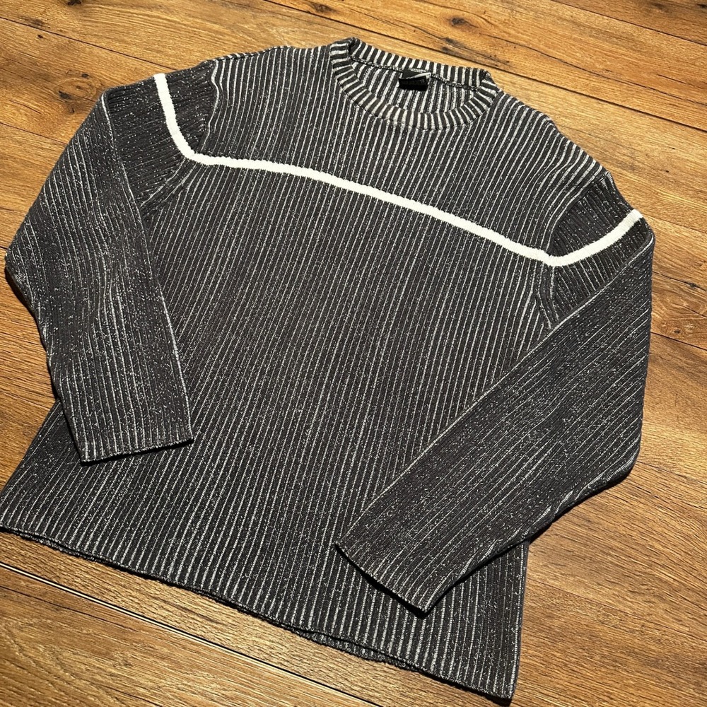 Vintage Ferruche Charcoal Gray Striped Ribbed Knit Sweater Mens Large